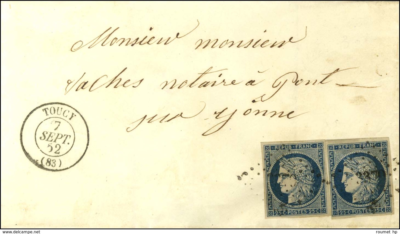 PC 3379 / N° 4 (2) Belles Marges Càd T 15 TOUCY (83) Sur Lettre 2 Ports Pour Pont Sur Yonne. 1852. - SUP. - 1849-1850 Ceres