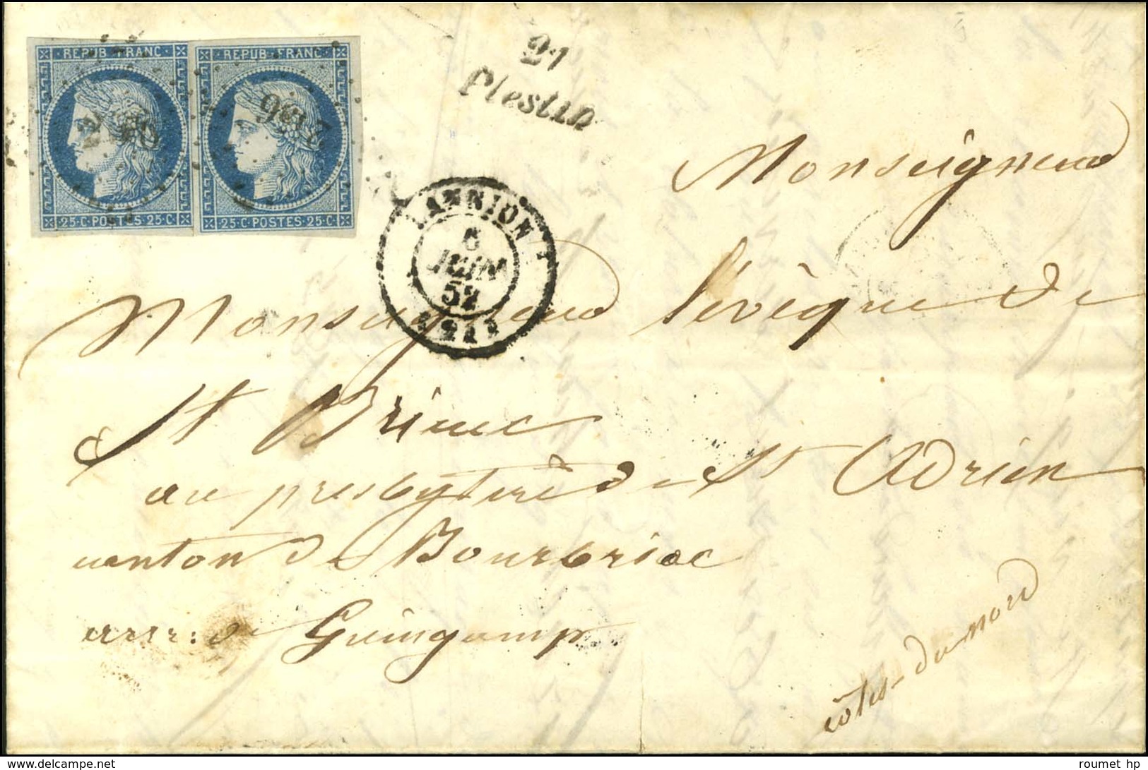 PC 2456 / N° 4 (2) Càd T 15 LANNION (21) Cursive 21 / Plestin Sur Lettre 2 Ports Pour Guingamp. 1852. - TB / SUP. - R. - 1849-1850 Ceres