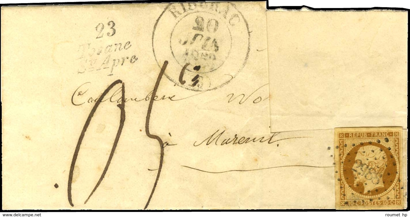 PC 2988 / N° 9 Belles Marges Càd T 13 RIBERAC Cursive 23 / Tocane / St-Apre Sur Lettre Avec Déchirure Au Recto Pour Mare - 1852 Louis-Napoléon