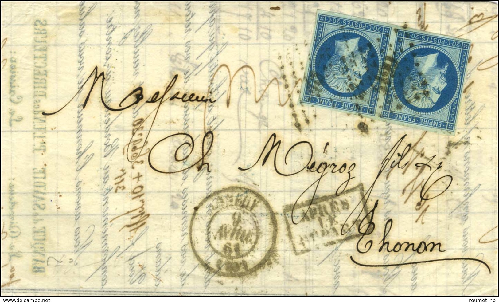 PC 4199 / N° 14 Type II Bleu Sur Vert, Paire Càd T 15 ANNECY (89) Sur Lettre 2 Ports Pour Thonon. 1861. - TB / SUP. - 1853-1860 Napoléon III