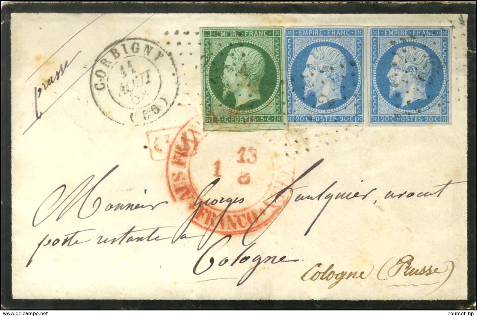 PC 952 / N° 12 Vert Foncé Sur Vert + N° 14 Paire (les 3 Ex Belles Marges) Càd T 15 CORBIGNY (56) 11 AOÛT 58 Sur Lettre A - 1853-1860 Napoléon III