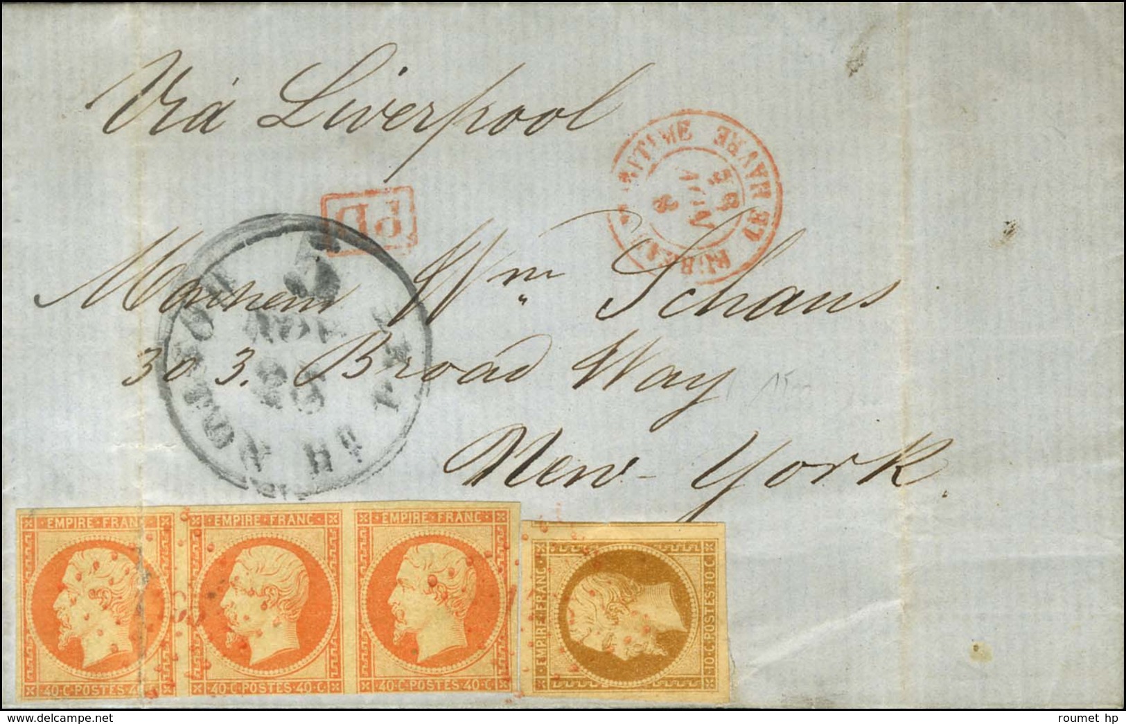 PC Rouge 1495 / N° 13 + 16 Bande De 3 (def) Càd Rouge BUREAU MARITIME / LE HAVRE Sur Lettre Pour New-York. 1854. - TB. - - 1853-1860 Napoléon III