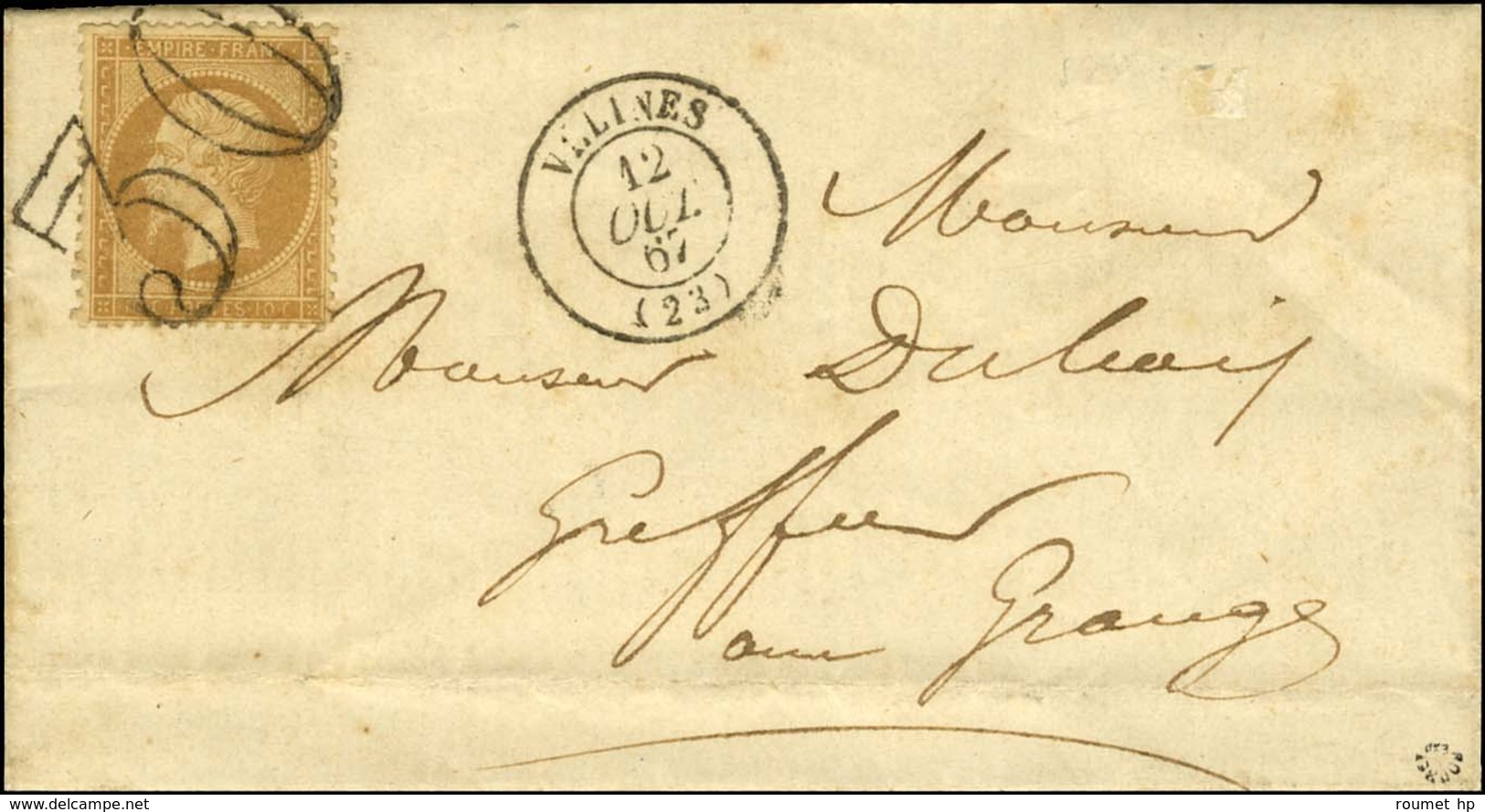 Taxe 30 DT / N° 21 Càd T 15 VELINES (23) Sur Lettre Avec Texte Adressée Localement Aux Granges. Exceptionnelle Associati - 1862 Napoléon III.