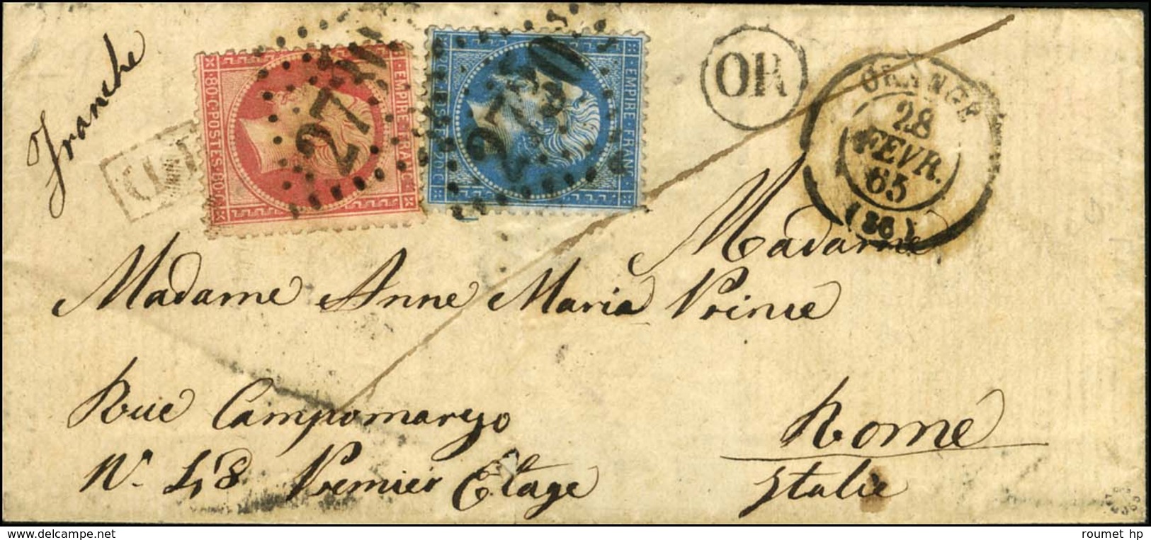 GC 2730 / N° 22 + 24 Càd T 15 ORANGE (86) Sur Lettre 2 Ports Pour Rome. 1865. - TB. - 1862 Napoleon III