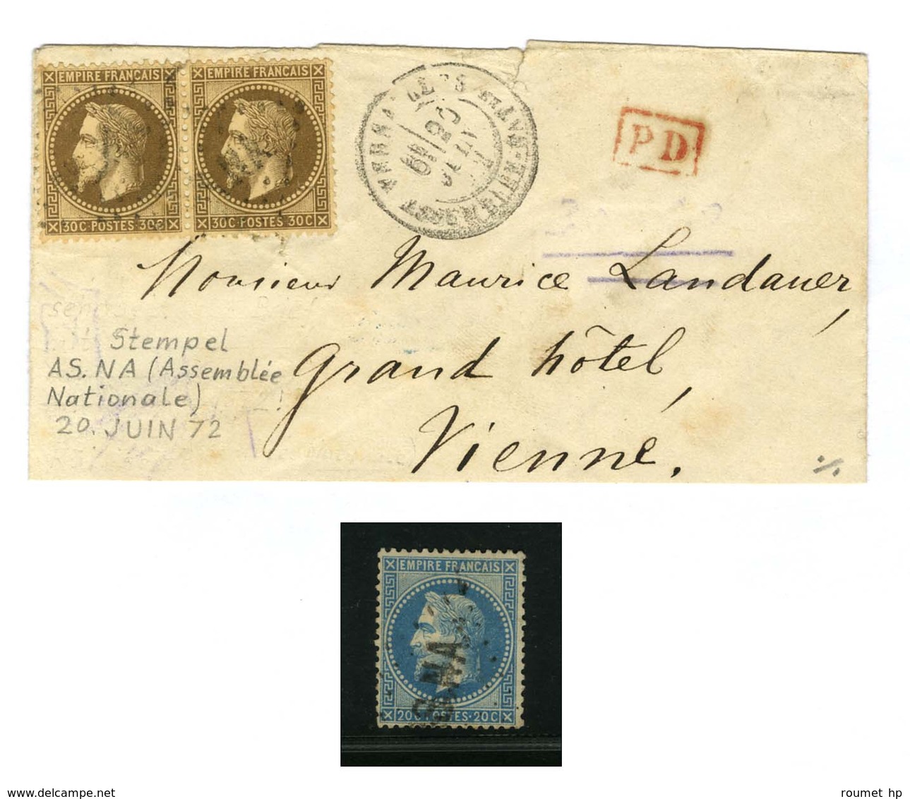 Losange ASNA / N° 30 Paire Càd VERSAILLES ASSEMBLEE NATle Sur Lettre Légèrement Incomplète Pour Vienne. 1872. Nous Joign - 1863-1870 Napoleon III With Laurels