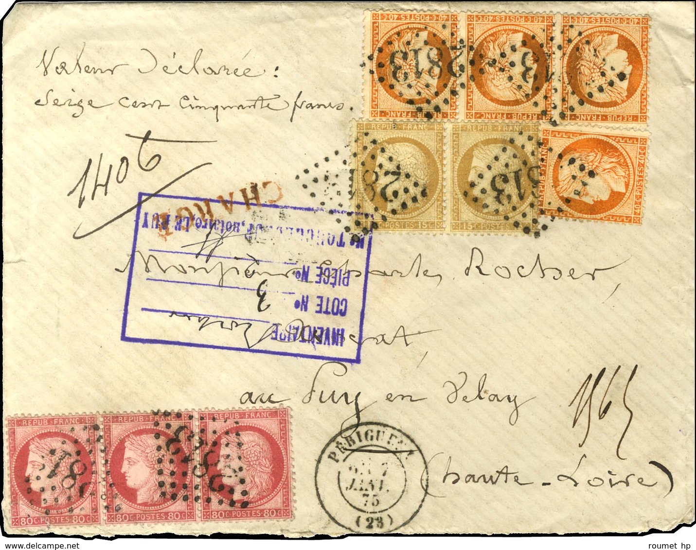 GC 2813 / N° 38 (4) + 55 (2) + 57 (3, 1ex Infime Froissure) Càd T 17 PERIGUEUX (23) Sur Lettre Chargée. 1875. - TB. - R. - 1870 Assedio Di Parigi