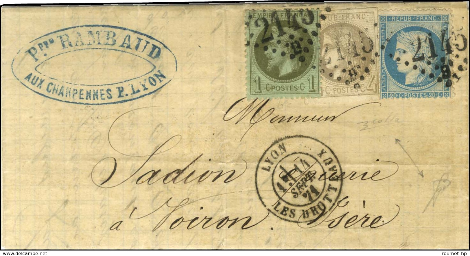 GC 2145 B / N° 25 + 41 + 37 Càd LYON / LES BROTTEAUX 14 SEPT. 71. - TB. - 1870 Bordeaux Printing