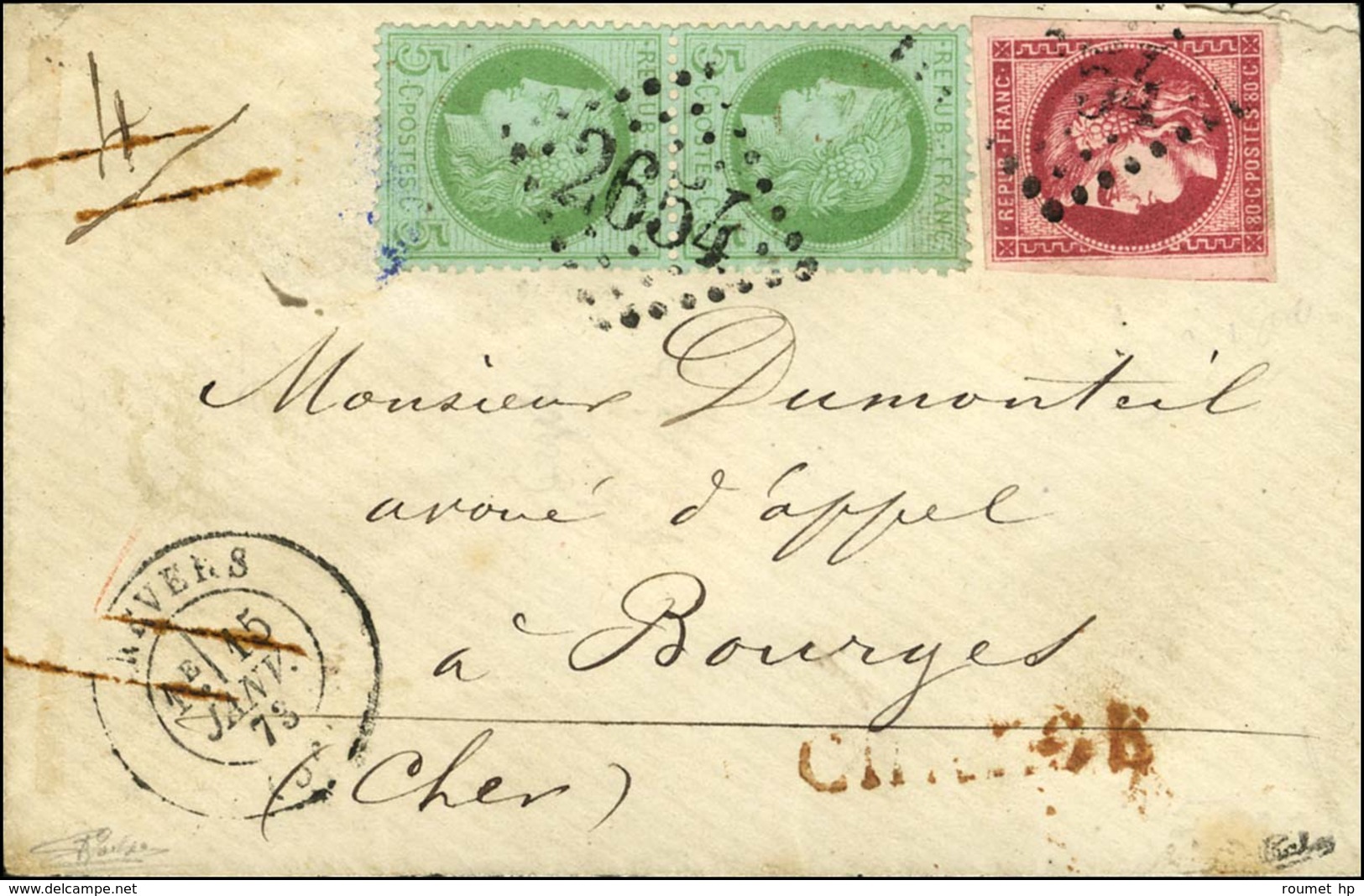 GC 2654 / N° 49 Rose Carminé Foncé (très Belle Nuance) + 53 (2) Càd T 17 NEVERS (56) Sur Lettre Chargée. 1873. - TB / SU - 1870 Ausgabe Bordeaux