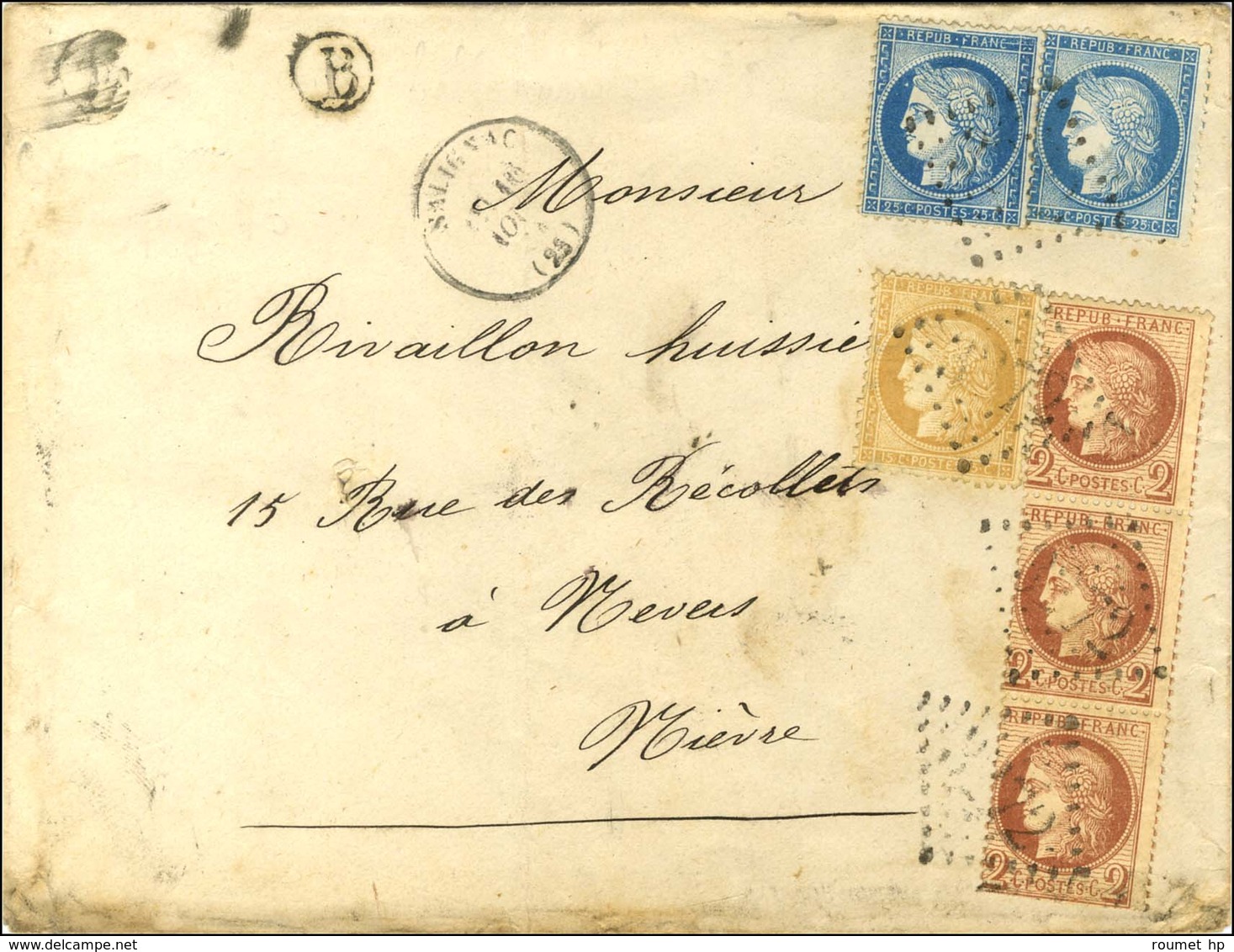 GC 3272 / N° 51 (3) + 59 + 60 (2, 1ex Belle Variété) Càd T 16 SALIGNAC (23) Sur Lettre 3 Ports (1c En Trop) Pour Nevers. - 1871-1875 Ceres