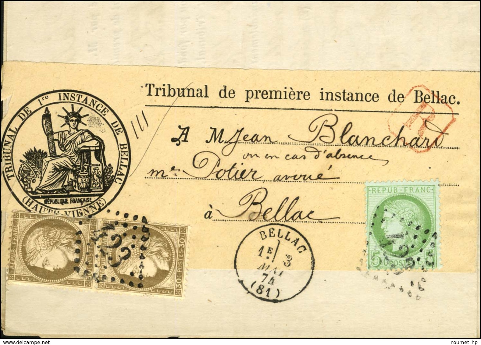 GC 423 / N° 53 + 56 Paire Càd T 16 BELLAC (81) Sur Imprimé Recommandé Local. 1874. - TB / SUP. - 1871-1875 Cérès