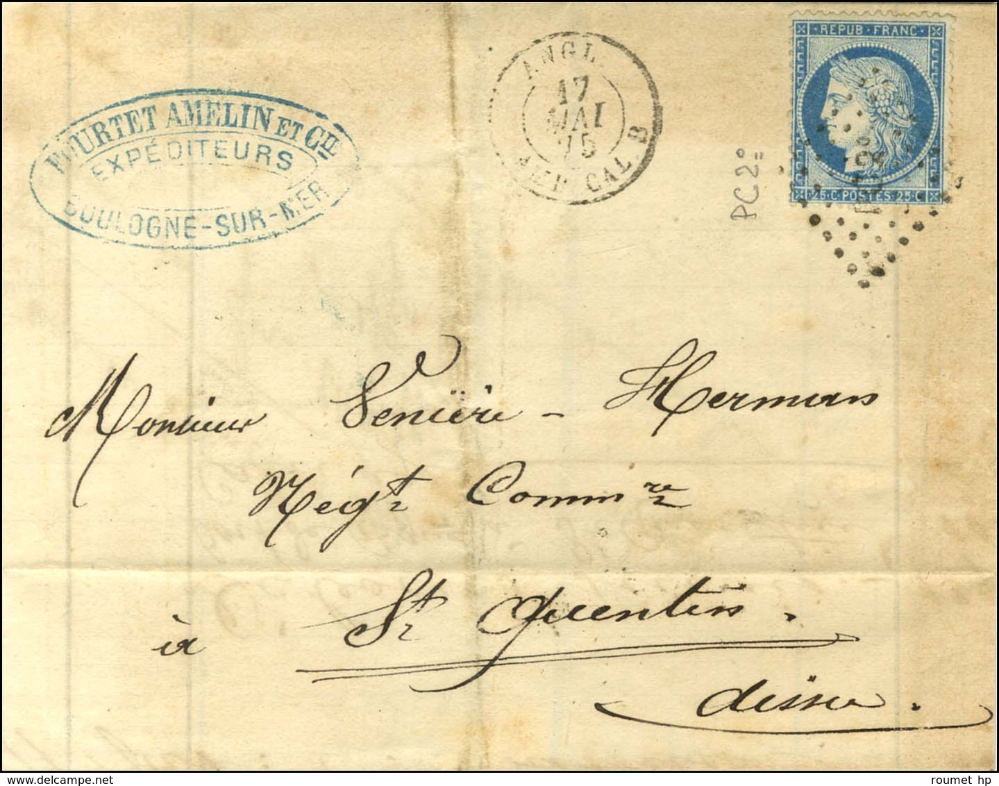 Losange PC 2° / N° 60 Càd ANGL / AMB CAL B 17 MAI 75 Exceptionnellement Frappé Sur Une Lettre De Boulogne Pour Saint Que - 1871-1875 Cérès