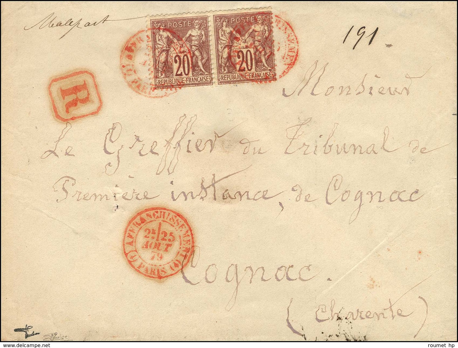 Càd Rouge (1) AFFRANCHISSEMENT (1) / PARIS / N° 67 (paire) Sur Lettre Recommandée. 1879. - TB / SUP. - R. - 1876-1878 Sage (Type I)