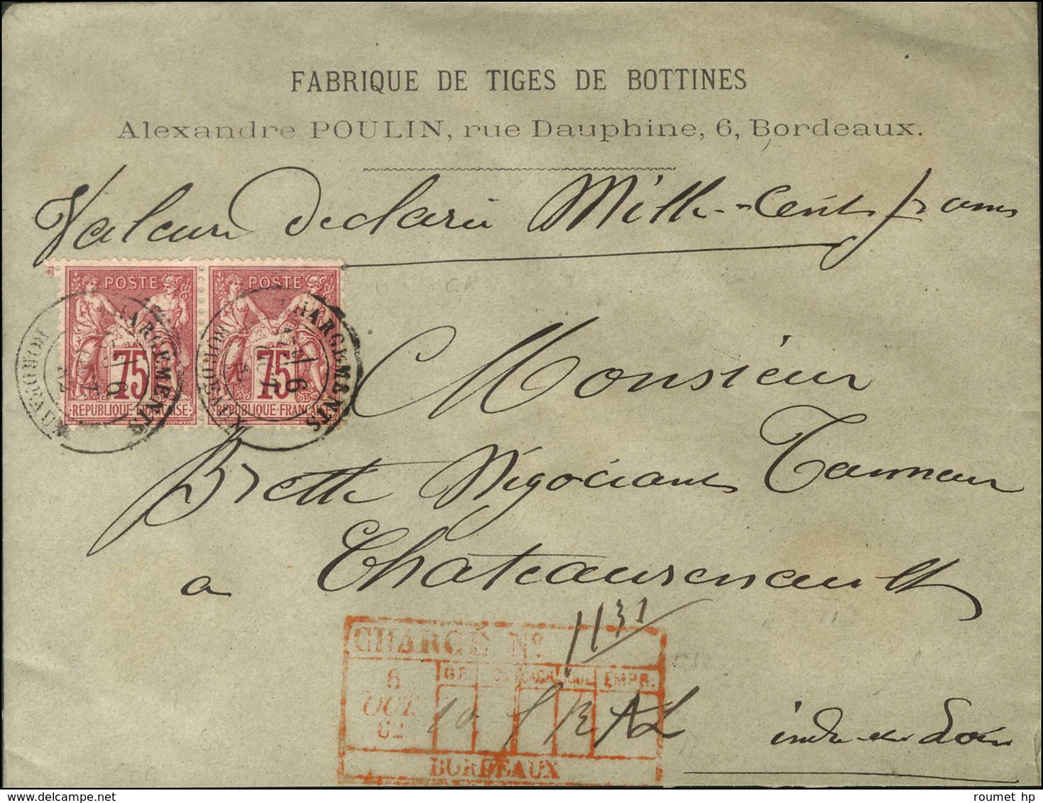 Càd CHARGEMENTS / BORDEAUX / N° 71 Paire, Au Recto Descriptif Rouge De Chargement. 1882. - TB / SUP. - 1876-1878 Sage (Type I)