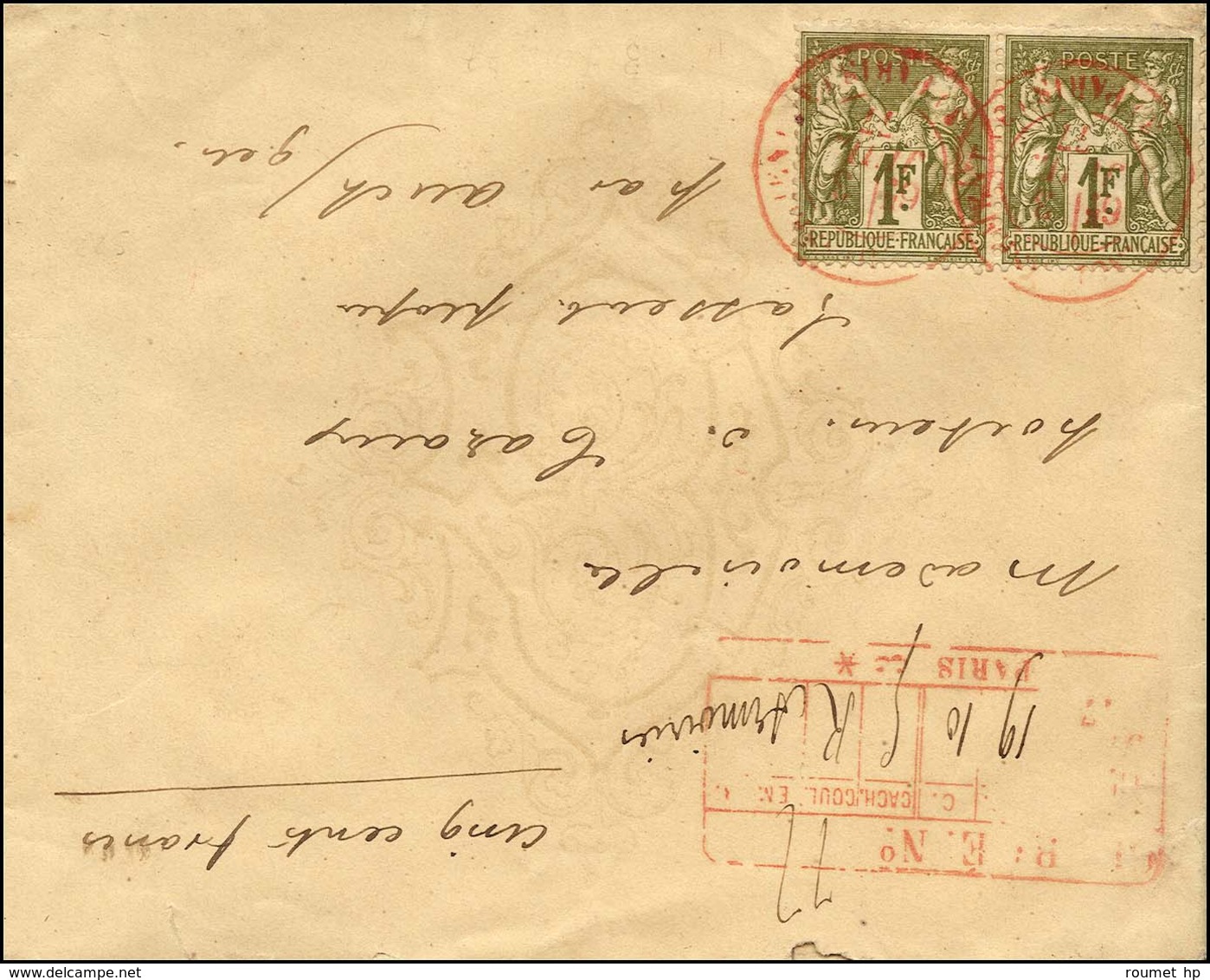 Càd Rouge AFFRANCHISSEMENT / PARIS / N° 72 (paire) Descriptif De Chargement Rouge Au Recto Sur Lettre Chargée. 1877. - S - 1876-1878 Sage (Typ I)