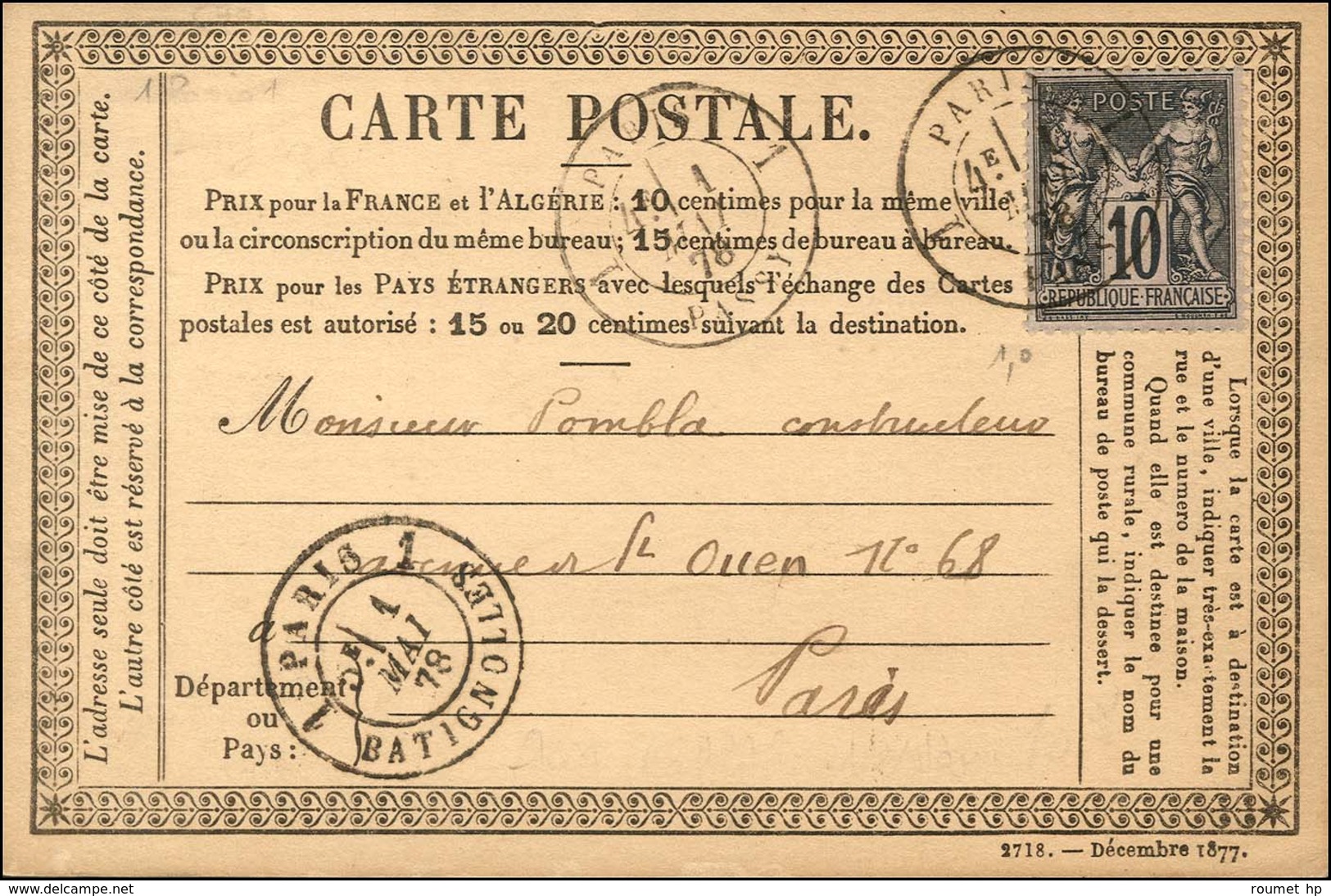 Càd PARIS 1 / PASSY / N° 89 Sur CP Du 1er Mai 1878. 1er Jour Du Tarif. - TB. - R. - 1876-1878 Sage (Typ I)