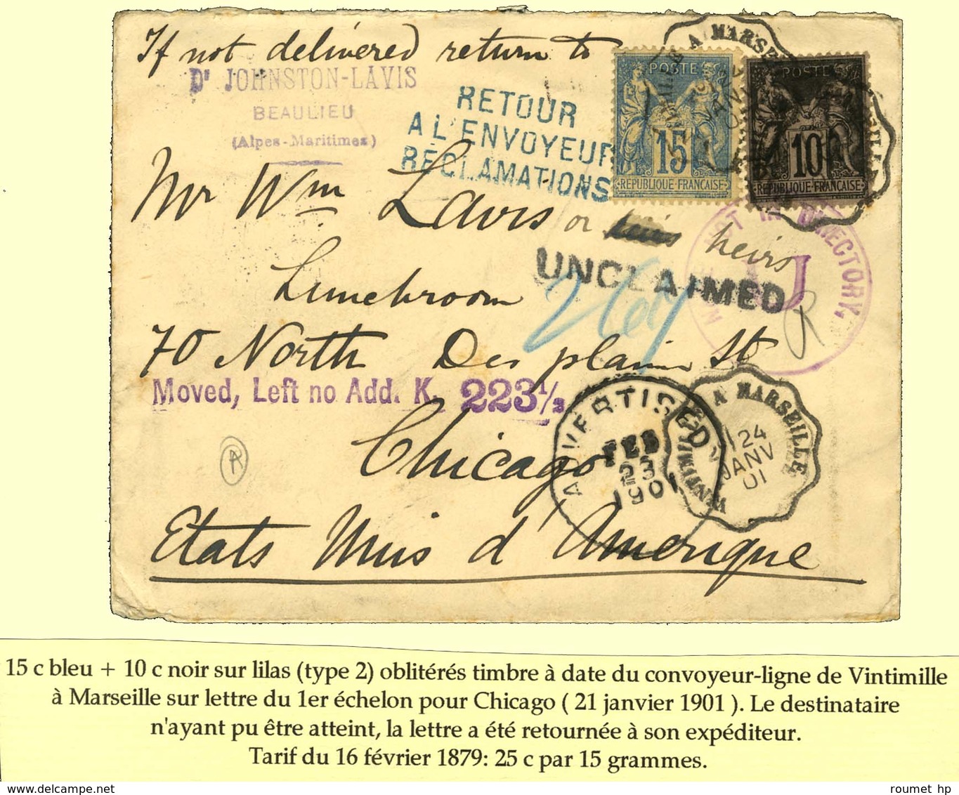 Conv. Ligne VINTIMILLE A MARSEILLE / N° 89 + 90 Sur Lettre Pour Chicago Retournée à Son Expéditeur Avec Diverses Griffes - 1876-1878 Sage (Tipo I)