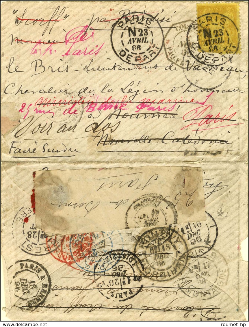 Càd PARIS / DEPART / N° 92 Sur Lettre Pour Nouméa Réexpédiée En France. Cachet Maritime Au Recto, Au Verso Nombreuses Ré - 1876-1878 Sage (Tipo I)