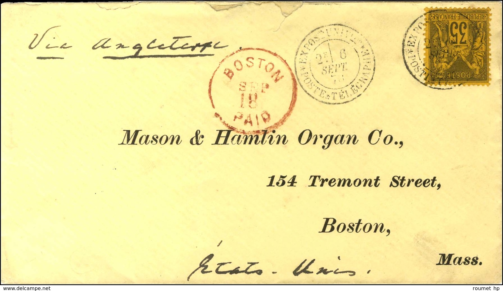 Càd EXPOSon UNIVle / POSTE TELEGRAPHE 6 SEPT. 78 / N° 93 Sur Lettre Pour Boston. - SUP. - R. - 1876-1878 Sage (Typ I)