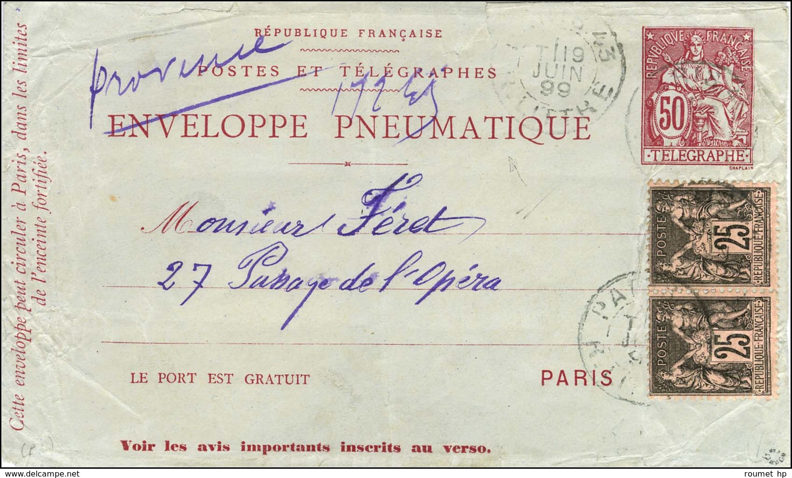 Càd PARIS 43 / R. LITTRE Sur Enveloppe Pneumatique 50c + N° 97 Paire Pour Paris. 1899. - TB. - R. - 1876-1878 Sage (Tipo I)