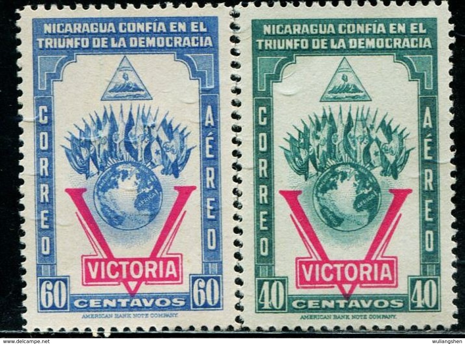 DK1004 Nicaragua 1943 Declares War To The Axis Nation Flag Earth 2V Aviation MNH - Nicaragua
