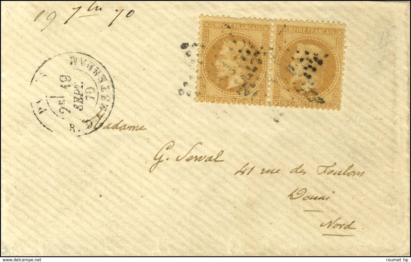 Etoile 18 / N° 28 Paire Càd PARIS / R. D'AMSTERDAM 19 SEPT. 70 Sur Lettre Pour Douai. Au Verso, Càd D'arrivée 14 OCT. 70 - Krieg 1870