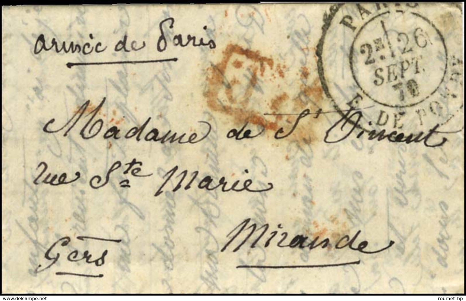 Càd PARIS / R. DE BONDY 26 SEPT. 70 + P.P. Rouge, Mention Manuscrite '' Armée De Paris '' Sur Lettre Adressée En Franchi - War 1870