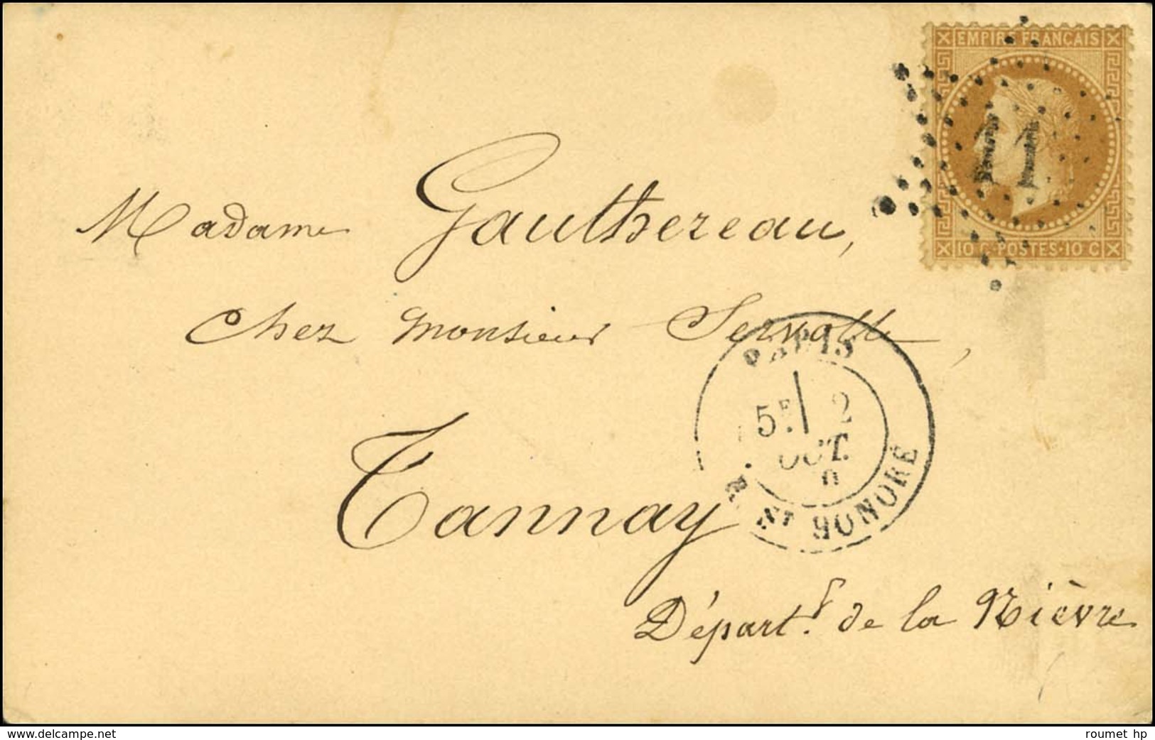 Etoile 11 / N° 28 Càd PARIS / R. ST HONORE 2 OCT. 70 Sur Carte Pour Tannay Sans Càd D'arrivée. L'ARMAND BARBES Probable. - Krieg 1870