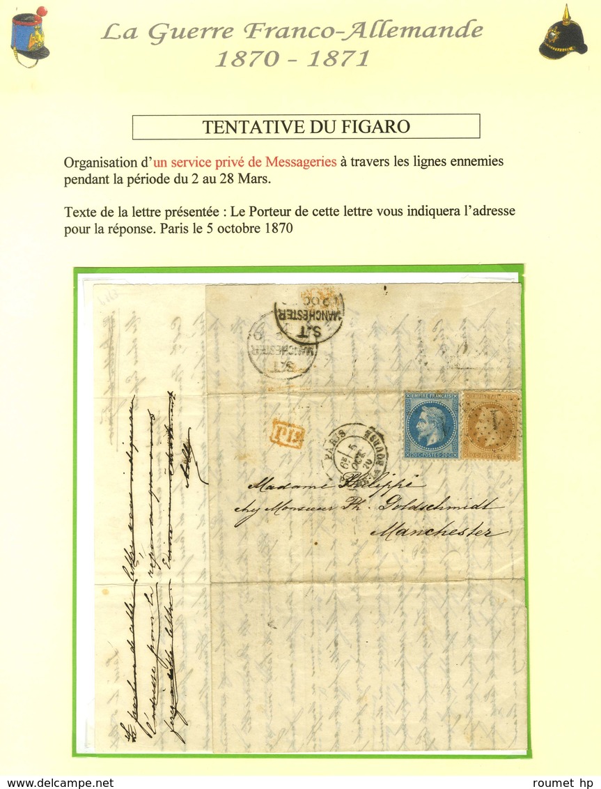 Etoile 1 / N° 28 + 29 Càd PARIS / PL. DE LA BOURSE 5 OCT. 70 Sur Lettre Pour Manchester, Au Verso Càd D'arrivée 9 OCT 70 - Krieg 1870