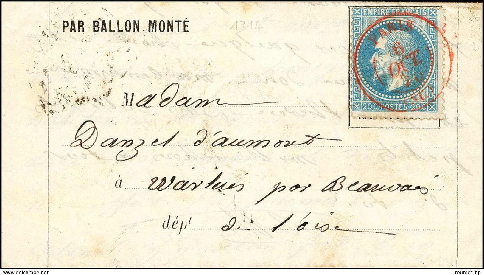 Càd Rouge PARIS (SC) 6 OCT. 70 (2ème Jour D'utilisation Du Càd PARIS (SC)) / N° 29 Sur Lettre PAR BALLON MONTÉ Pour Beau - Guerra Del 1870