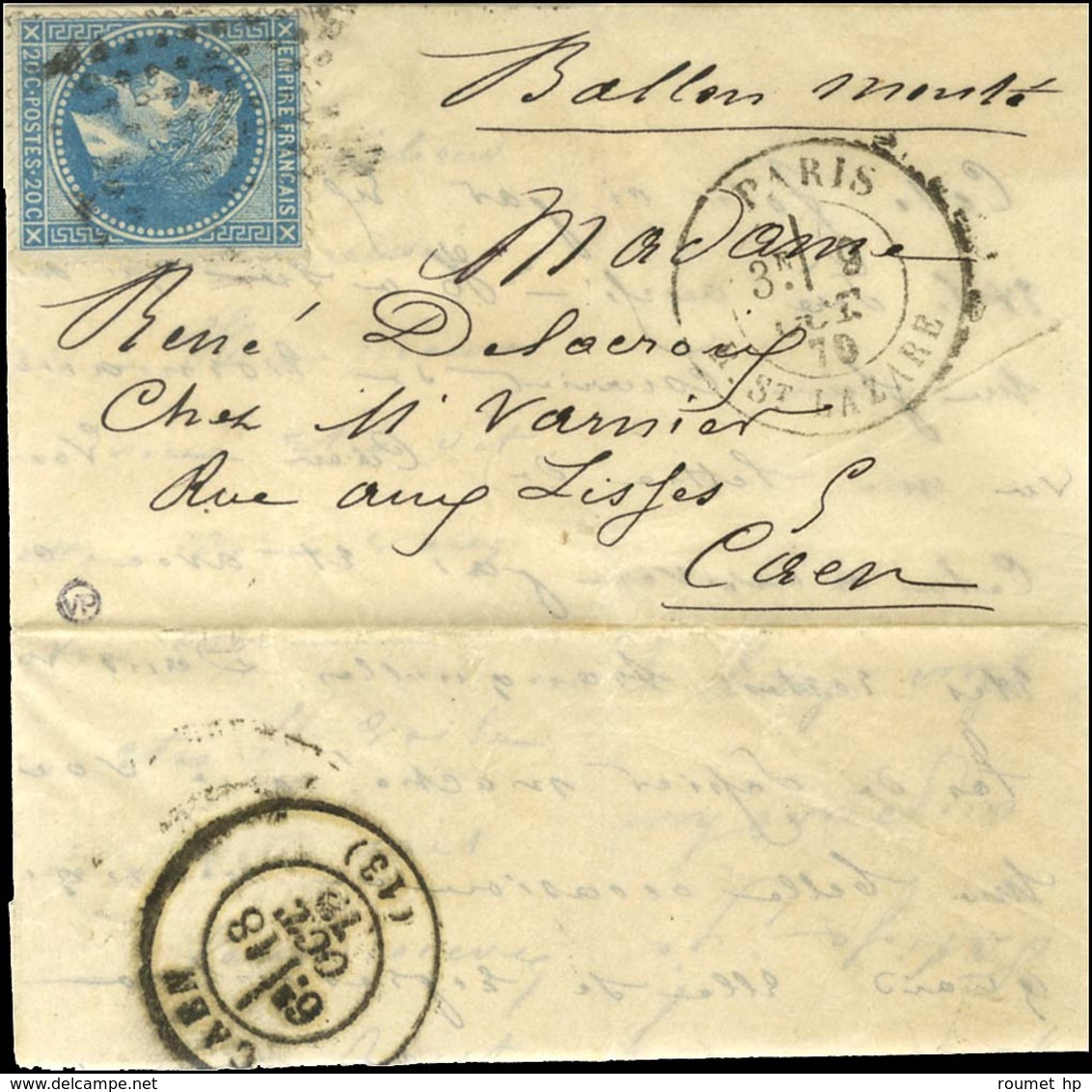 Etoile 2 / N° 29 Càd PARIS / R. ST LAZARE 9 OCT. 70 Sur Lettre Pour Caen. Au Verso, Càd D'arrivée 18 OCT. 70. LE GODEFRO - Krieg 1870