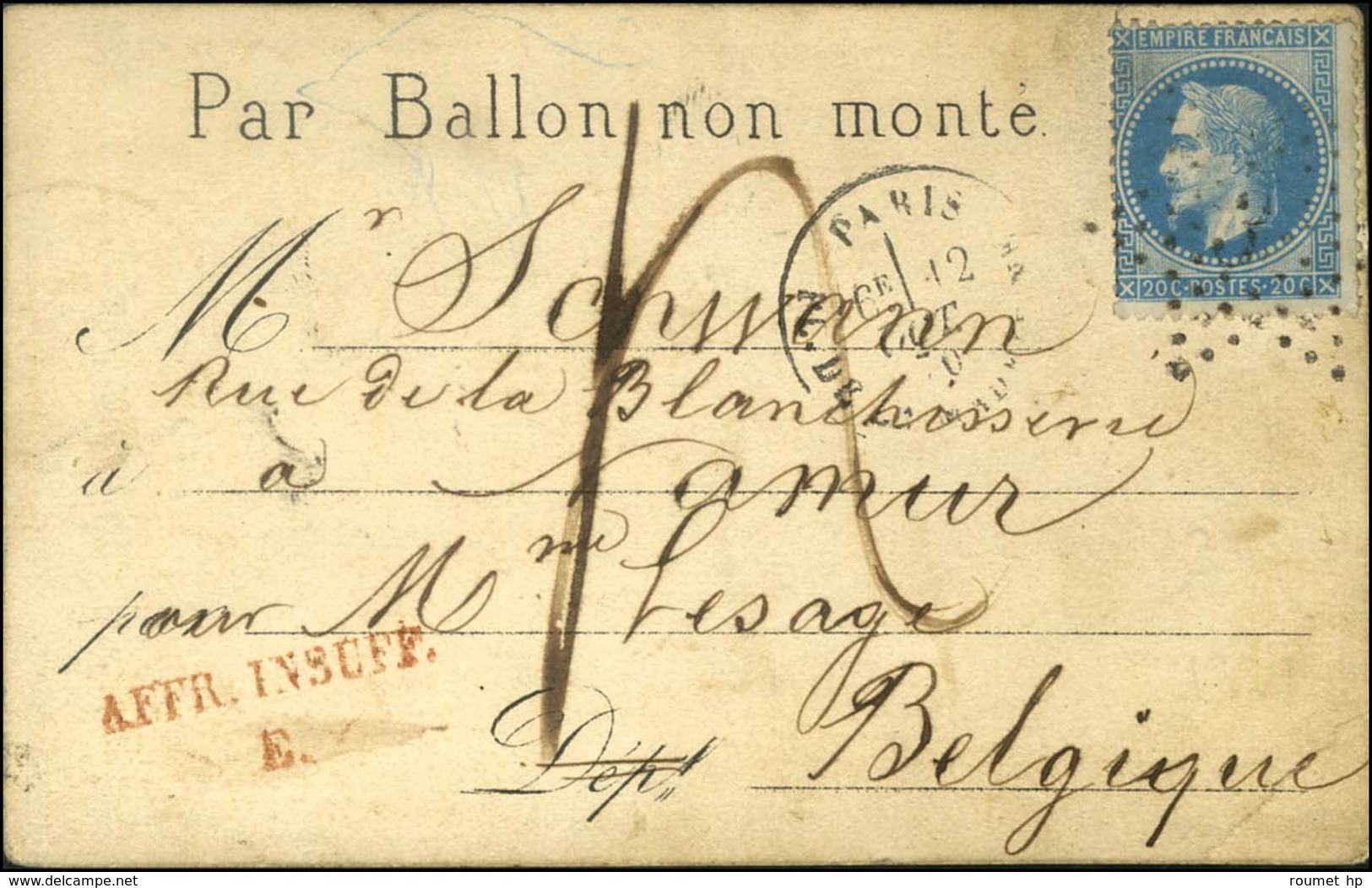 Etoile 3 / N° 29 Càd PARIS / PL. DE LA MADELEINE 12 OCT. 70 Sur Carte Par Ballon Non Monté Insuffisamment Affranchie Pou - Krieg 1870