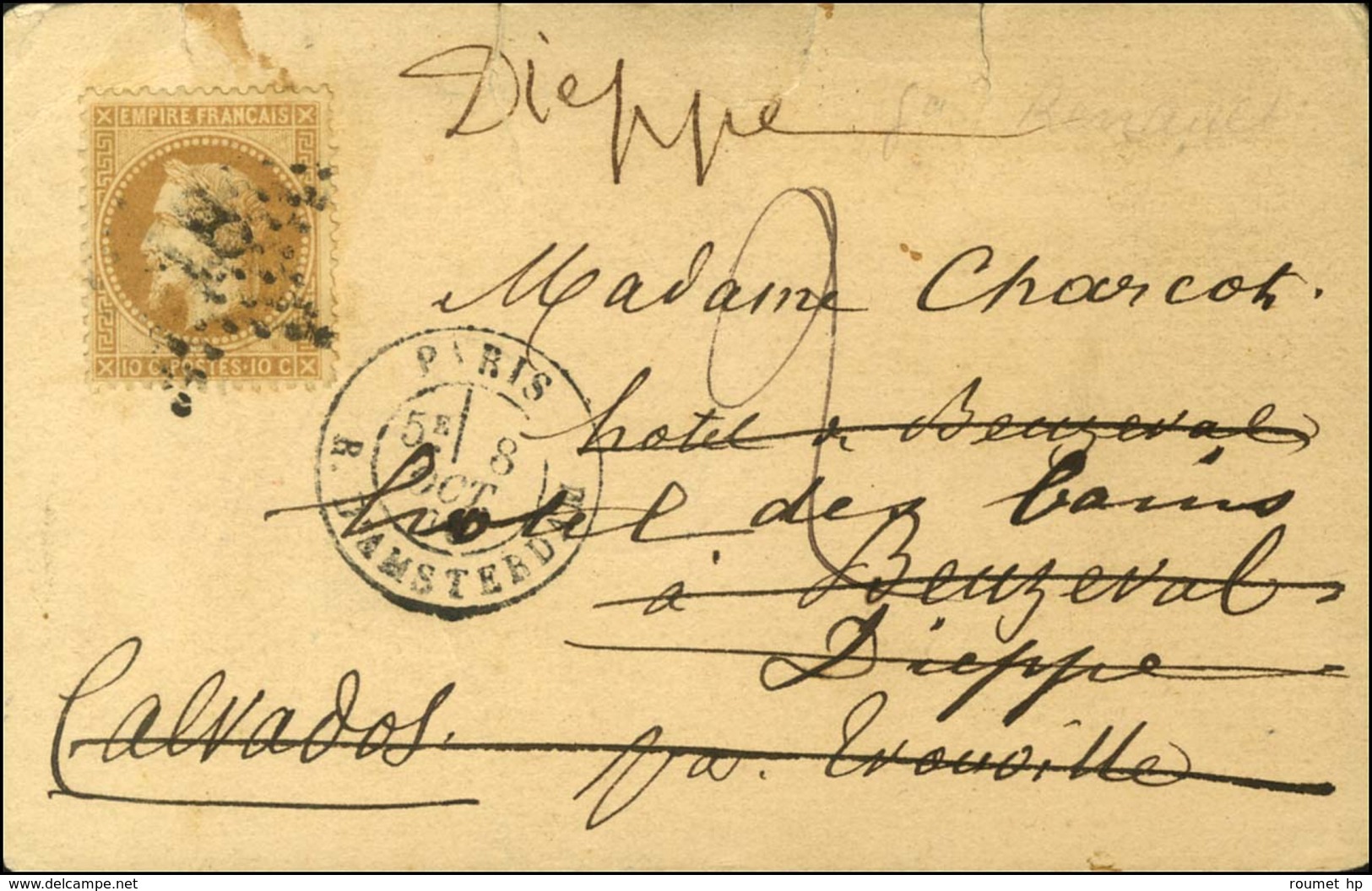 Etoile 18 / N° 28 Càd PARIS / R. D'AMSTERDAM 8 OCT. 70 Sur Carte Adressée Par Le Dr Charcot (père De L'explorateur) à Ma - Krieg 1870