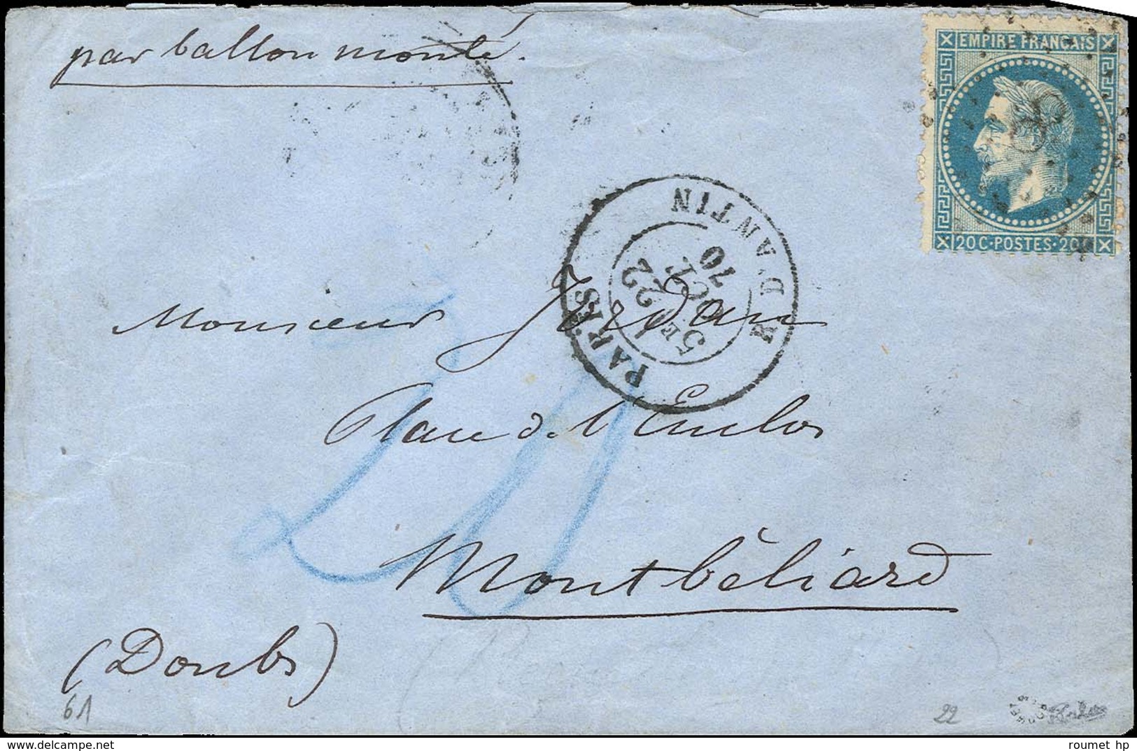 Etoile 8 / N° 29 Càd PARIS / R. D'ANTIN 22 OCT. 70 Sur Lettre Sans Texte Pour Montbéliard (Doubs). Au Recto, Taxe Allema - Guerra Del 1870