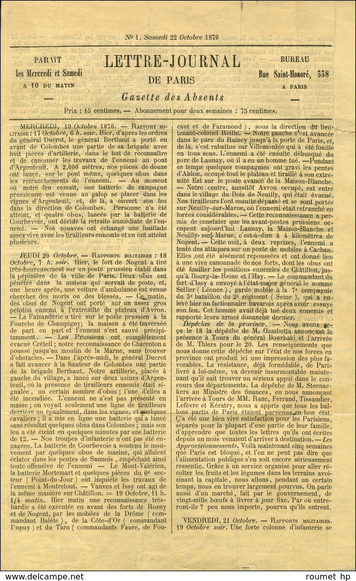 Etoile 24 / N° 29 Càd PARIS / R. DE CLERY 25 OCT. 70 (6e Levée) Sur Gazette Des Absents N° 1 Pour Le Puy, Au Verso Càd D - Krieg 1870