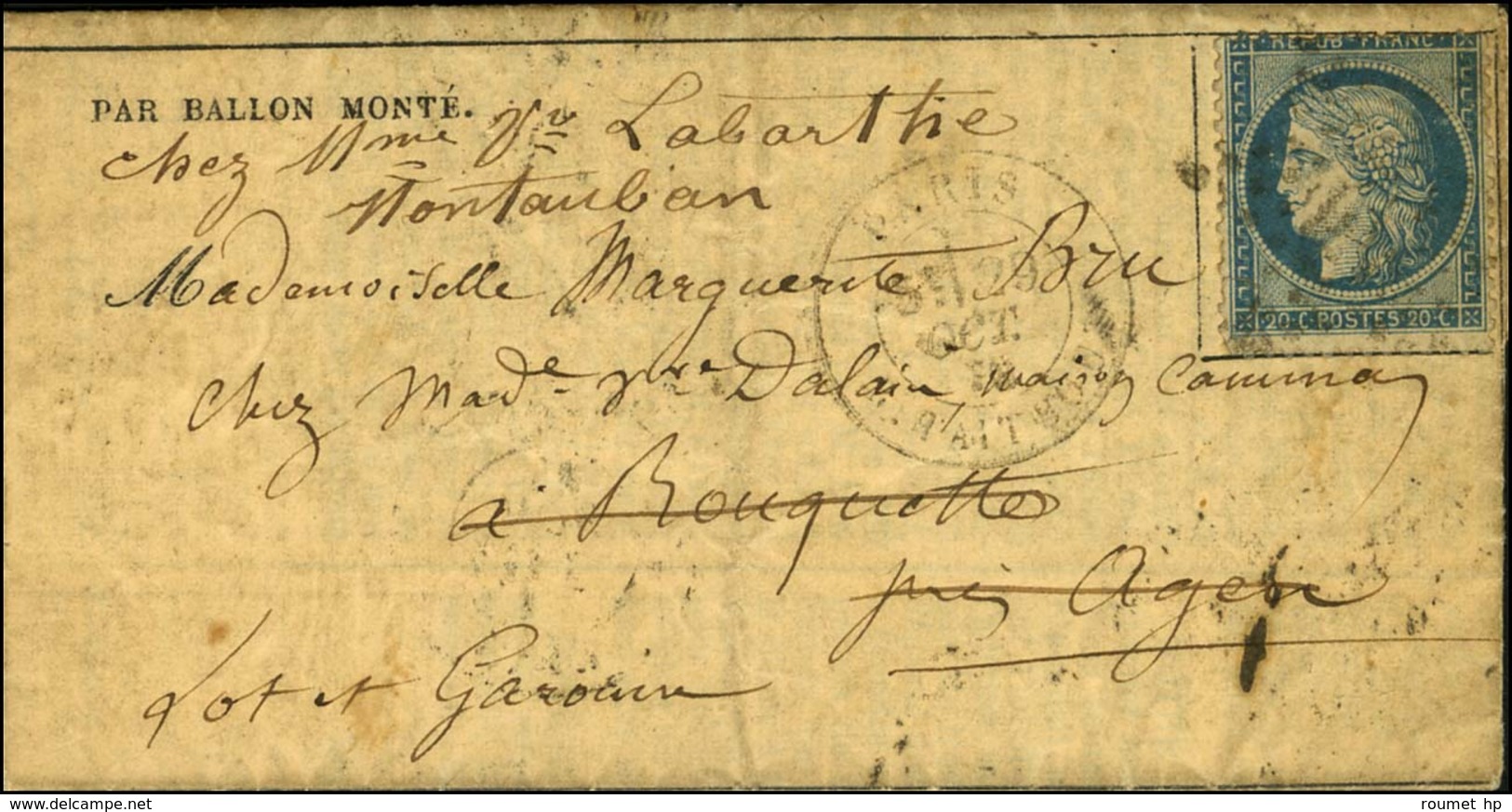 Etoile 22 / N° 37 Càd PARIS / R. TAITBOUT 29 OCT. 70 Sur Gazette Des Absents N° 3 Pour Agen Réexpédiée à Montauban. Au V - War 1870