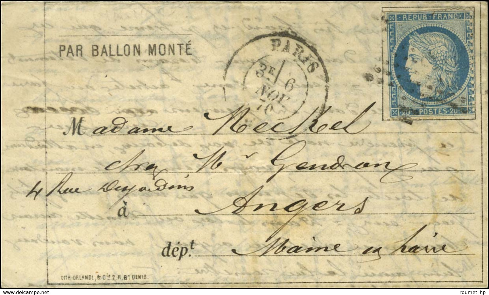 Etoile / N° 37 Càd PARIS (60) 6 NOV. 70 Sur Lettre PAR BALLON MONTE Pour Angers Sans Càd D'arrivée. LE GIRONDE Probable. - War 1870