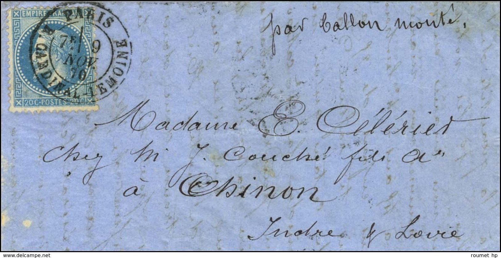 Càd PARIS / R. CARDINAL LEMOINE 9 NOV. 70 / N° 29 Sur Lettre Pour Chinon. Au Verso, Càd D'arrivée 28 NOV. 70. LE DAGUERR - War 1870