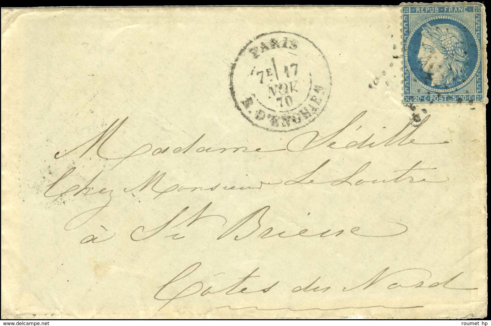 Etoile 4 / N° 37 Càd PARIS / R. D'ENGHIEN 17 NOV. 70 Sur Lettre Pour St Brieuc. Au Verso, Càd D'arrivée 25 NOV. 70. LE G - Krieg 1870