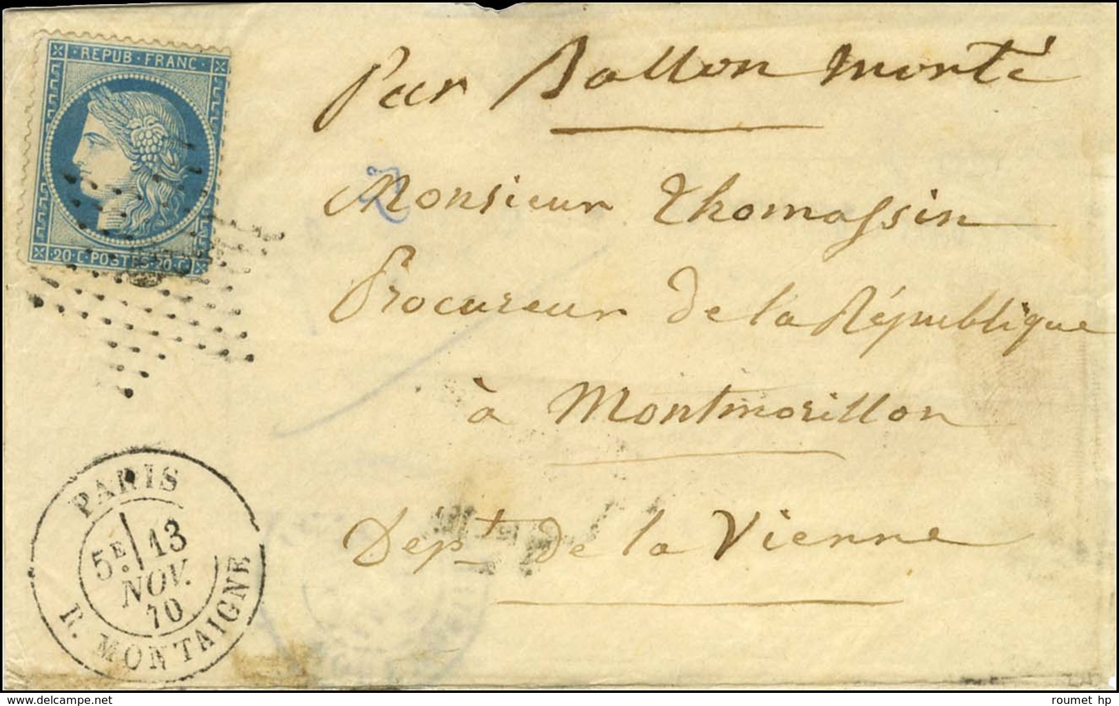 Etoile 9 / N° 37 Càd PARIS / R. MONTAIGNE 13 NOV. 70 Sur Lettre Sans Texte Pour Montmorillon, Au Verso Càd D'arrivée 22  - War 1870