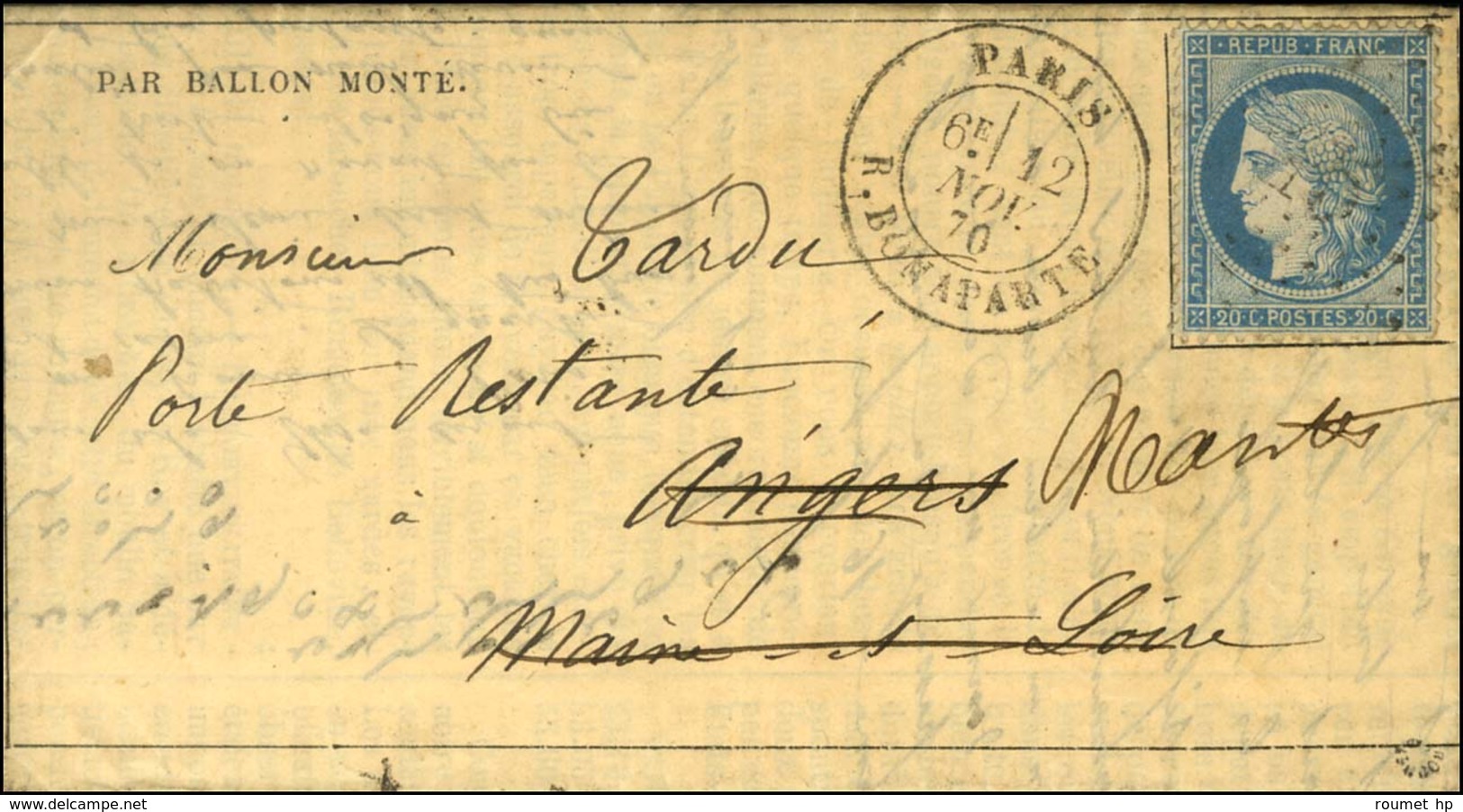 Etoile 15 / N° 37 Càd PARIS / R. BONAPARTE 12 NOV. 70 (6e Levée) Sur Gazette Des Absents N° 7 Pour Angers Réexpédiée à N - Krieg 1870