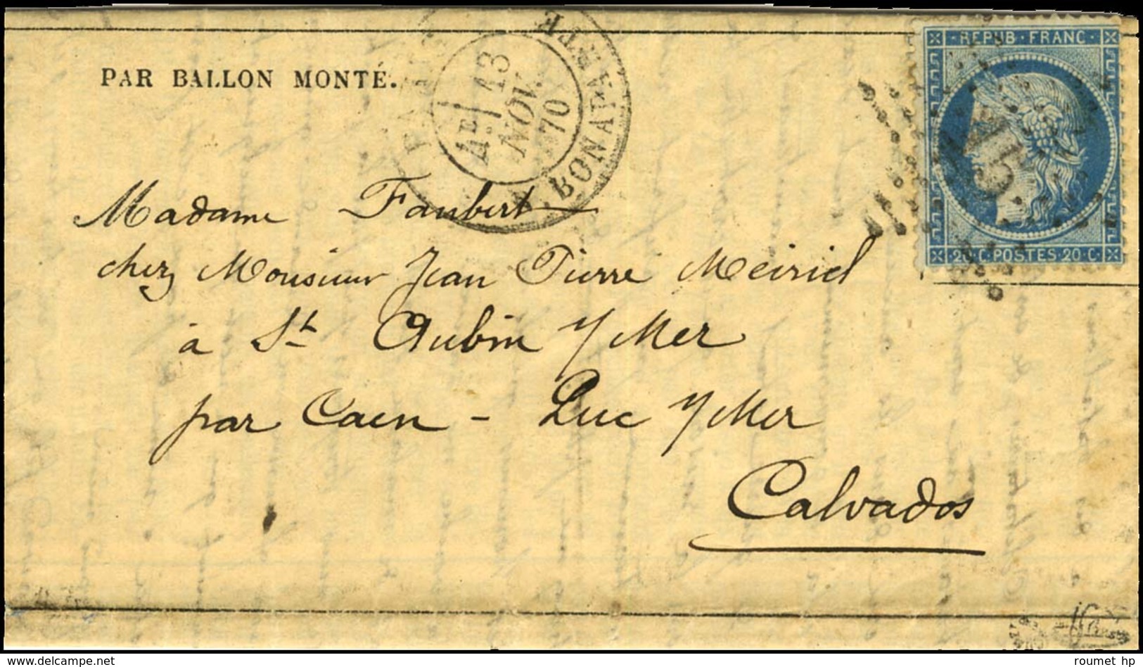 Etoile 15 / N° 37 Càd PARIS / R. BONAPARTE 13 NOV. 70 Sur Gazette Des Absents N° 7 Pour Caen, Au Verso Càd D'arrivée 27  - Krieg 1870