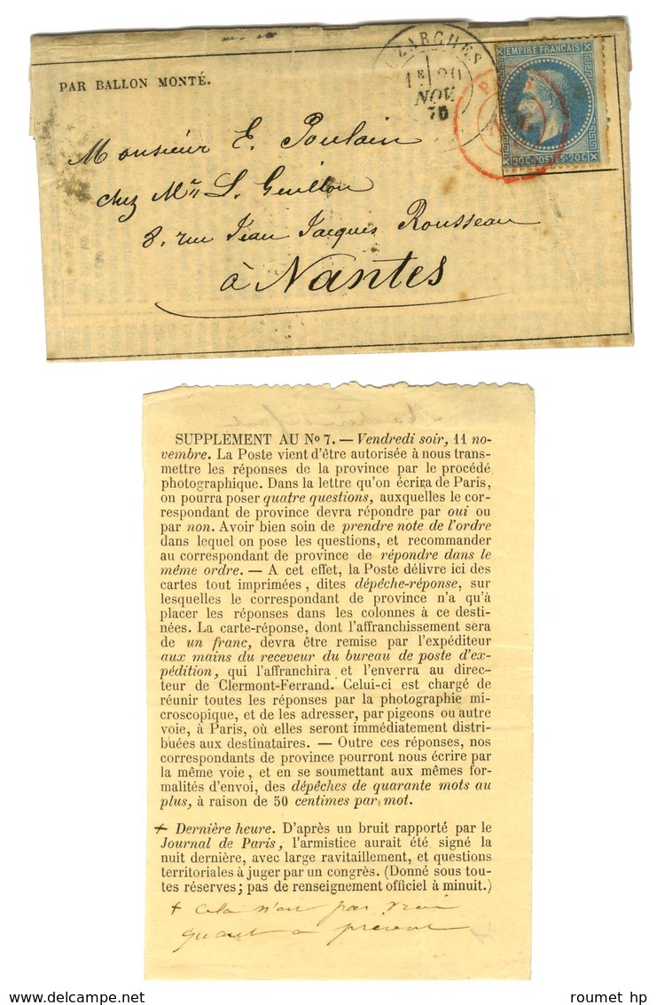 Càd Rouge PARIS SC 12 NOV. 70 / N° 29 Sur Gazette Des Absents N° 7 + Supplèment Pour Nantes. Au Recto, Càd De Passage LU - War 1870