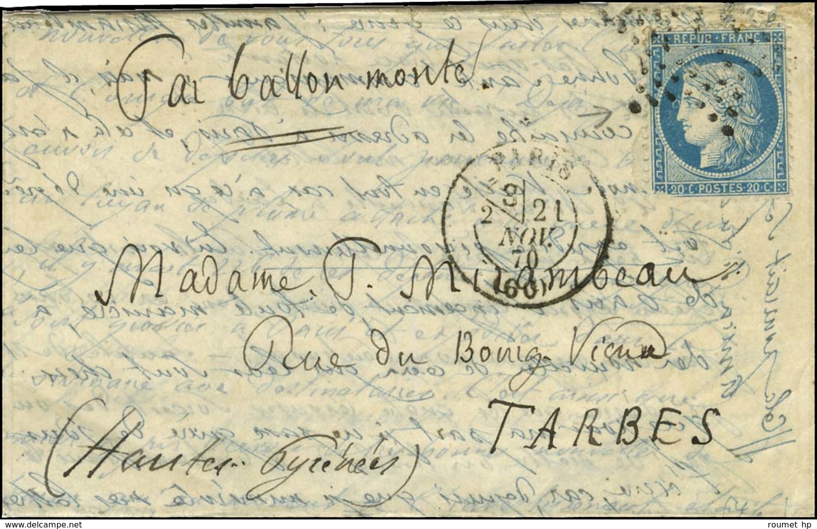 Etoile / N° 37 Càd PARIS (60) 21 NOV. 70 Sur Lettre Pour Tarbes, Au Verso Càd D'arrivée 11 DEC. 70. LE VILLE D'ORLEANS.  - Krieg 1870