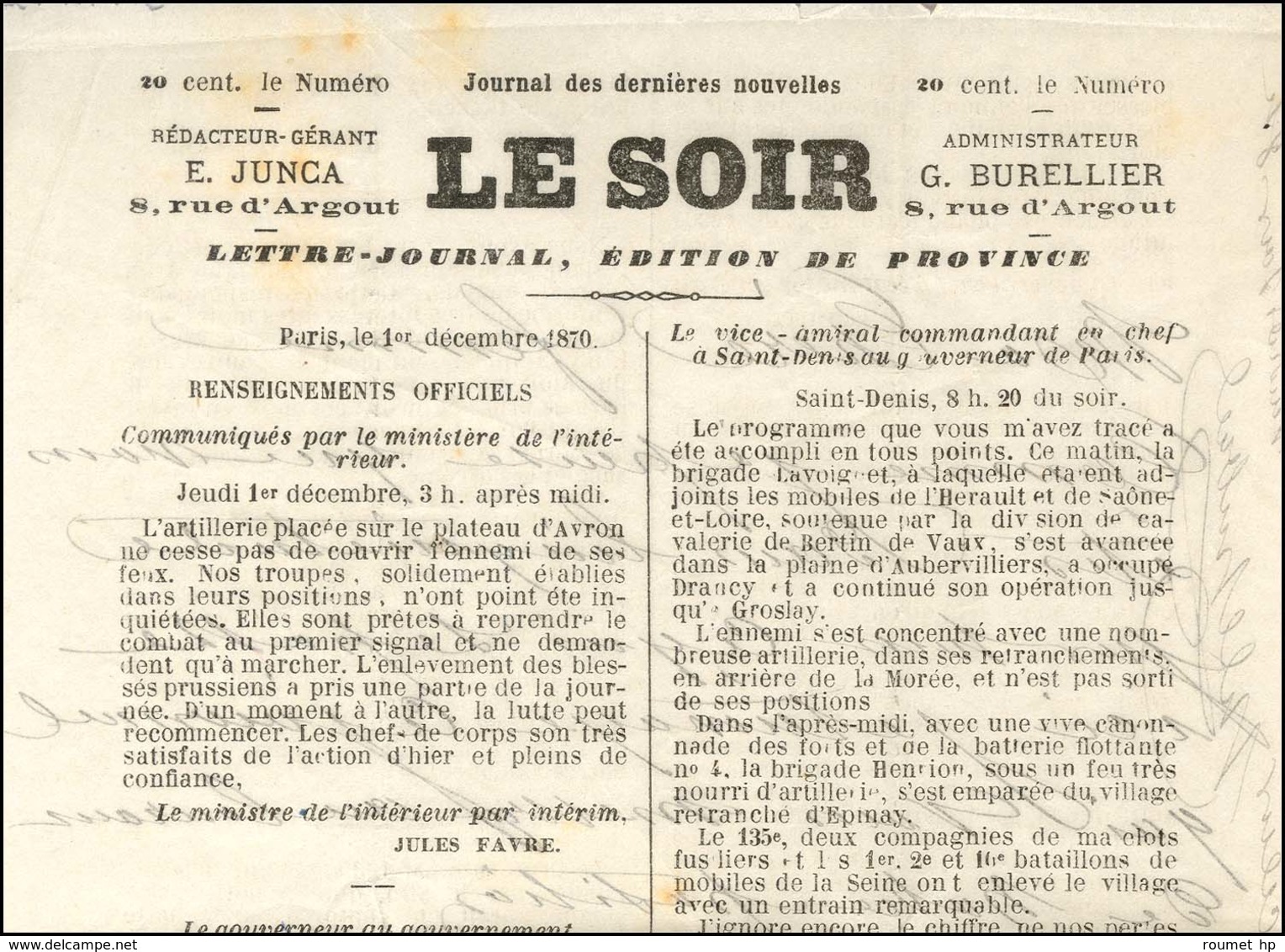 Etoile 37 / N° 37 Càd PARIS / BT MALESHERBES 2 DÉC. 70 Sur Journal LE SOIR Du 1 Décembre 1870 Pour Granville (Manche), C - War 1870