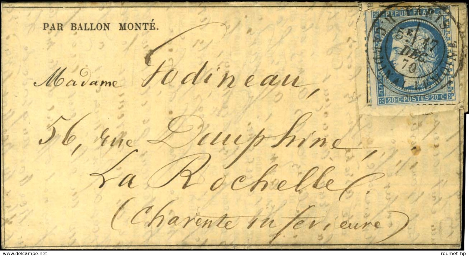 Càd PARIS / R. CARDINAL LEMOINE 17 DEC. 70 Sur Gazette Des Absents N° 17 Pour La Rochelle, Au Verso Càd D'arrivée 22 DEC - Guerra Del 1870