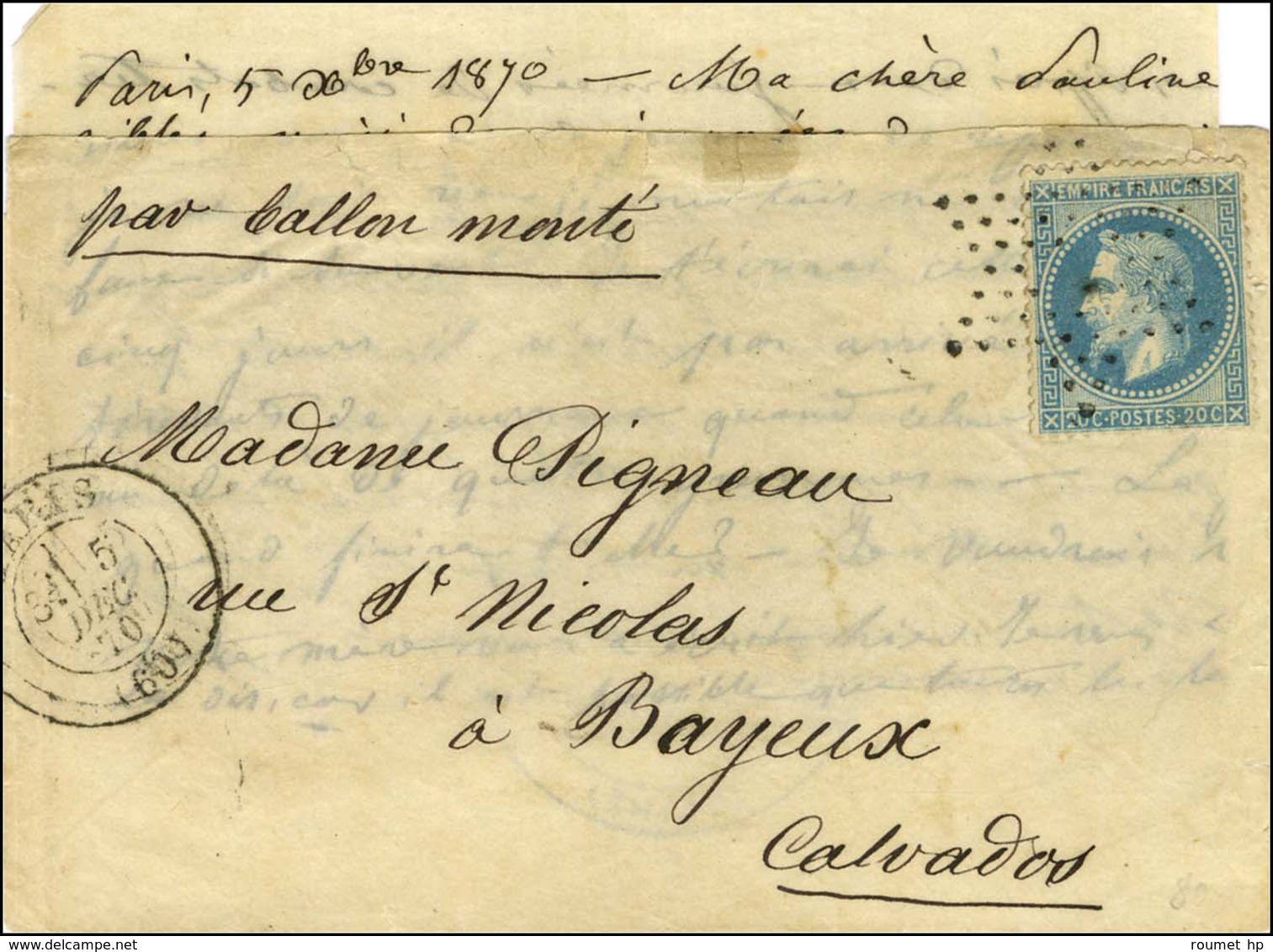 Etoile évidée / N° 29 Càd PARIS (60) 5 DEC. 70 Sur Lettre Pour Bayeux. Au Verso, Grand Cachet Bleu MAIRIE DU 5eme ARROND - Guerra De 1870