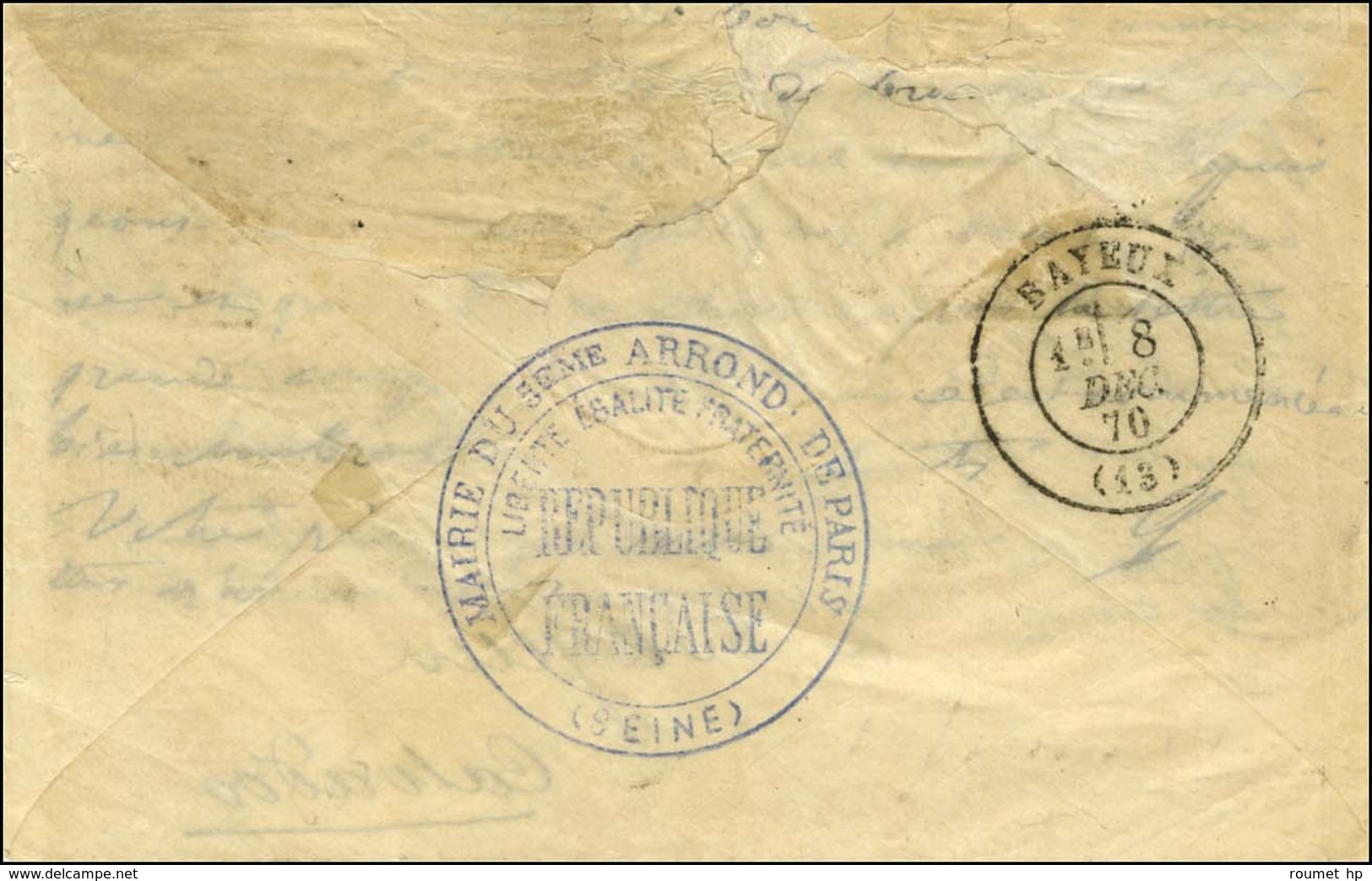 Etoile évidée / N° 29 Càd PARIS (60) 5 DEC. 70 Sur Lettre Pour Bayeux. Au Verso, Grand Cachet Bleu MAIRIE DU 5eme ARROND - Guerra De 1870