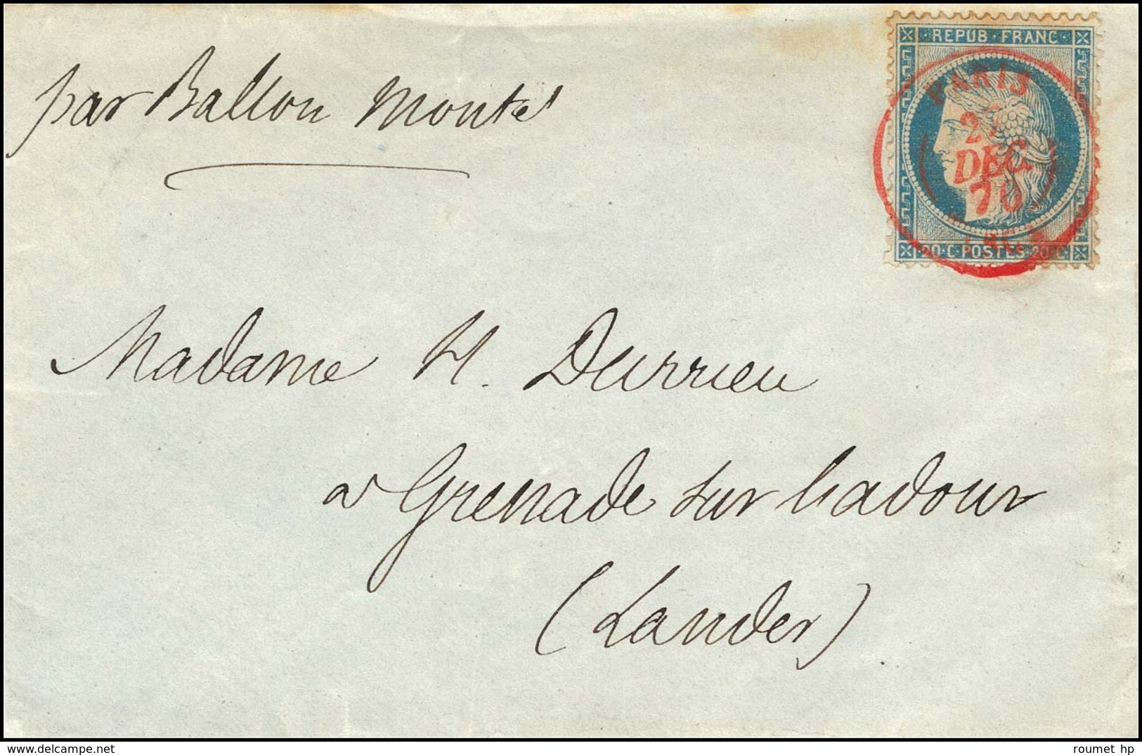 Càd Rouge PARIS (SC) 27 DEC. 70 / N° 37 Sur Lettre Avec Extrait Du Journal Officiel Pour Grenade Sur L'Adour, Càd D'arri - Guerra De 1870