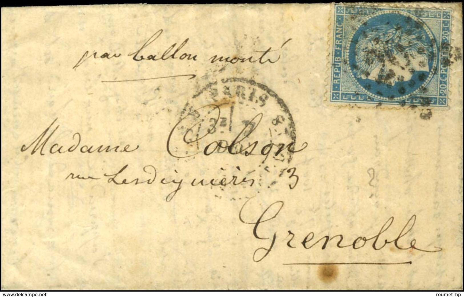 Etoile 20 / N° 37 Càd PARIS / R. ST DOMque ST GN N° 58 7 DEC. 70 Sur Lettre Pour Grenoble. Au Verso, Càd D'arrivée 21 DE - War 1870