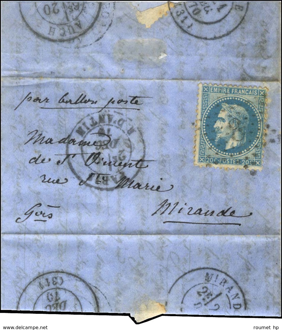 Etoile 8 / N° 29 Càd PARIS / R. D'ANTIN 9 DEC. 70 Sur Lettre Pour Mirande (Gers), Au Verso Càd D'arrivée 21 DEC. 70. LE  - Guerra Del 1870